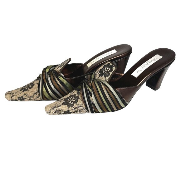 Olivia Rose Tal Marseilles Lace Leather Multi Stripe Twist Mule Heels Pointed To - Picture 2 of 11